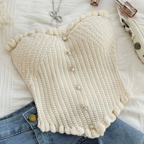 Tops - Beige Casual Women's Tube Ruffle Knitted Top